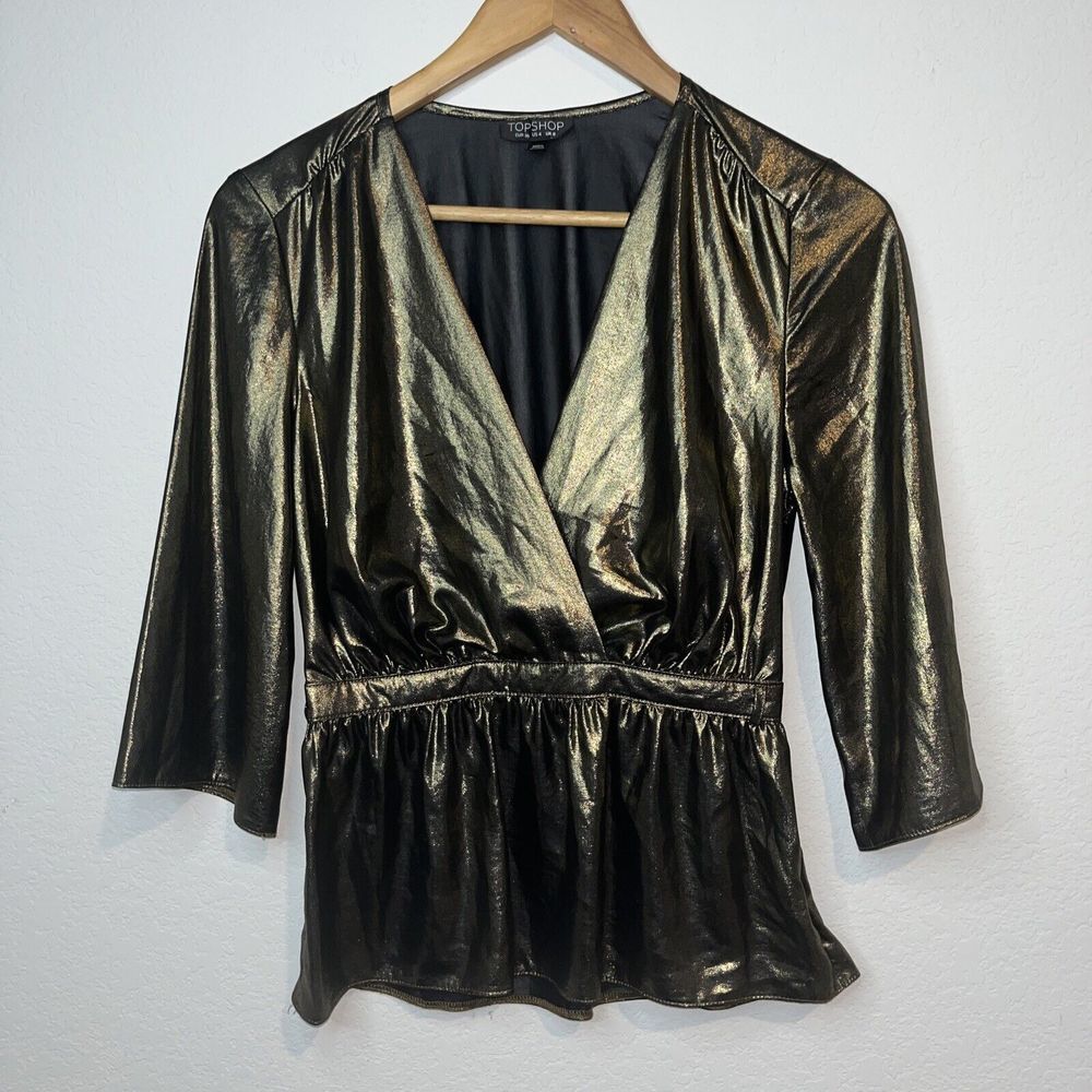 Topshop Metallic gold black Faux Wrap 1/2 Sleeves size 4 holiday